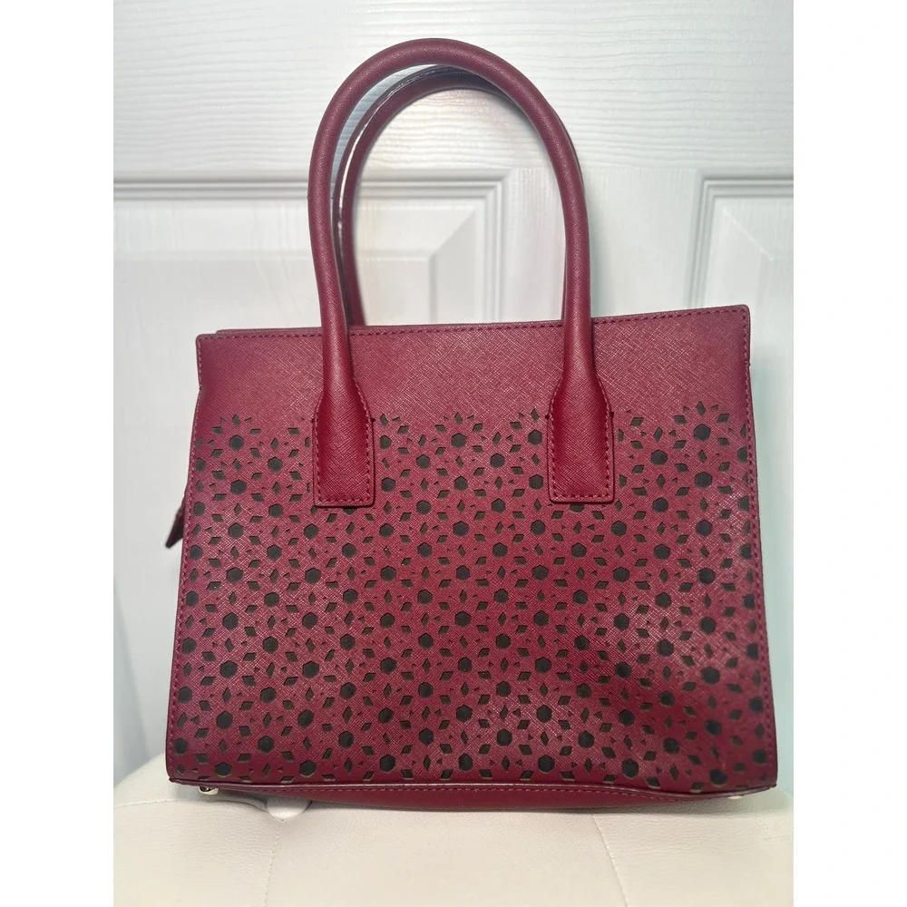 Kate‎ Spade Satchel Laser Cut Perforated Burgundy Saffiano Leather Tote Bag Red